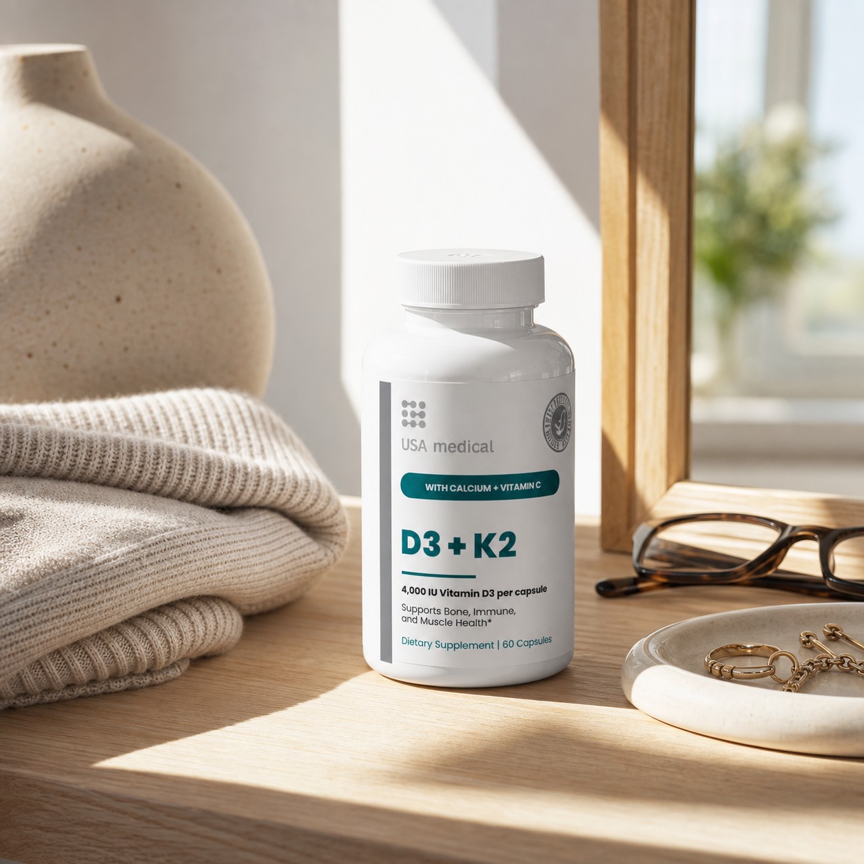 USA Medical Vitamin D3 + K2 bottle in a calm sunlit daily wellness setting