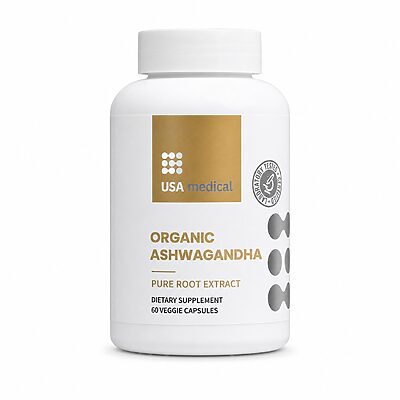 USA Medical Organic Ashwagandha with Black Pepper bottle centered on a clean white background