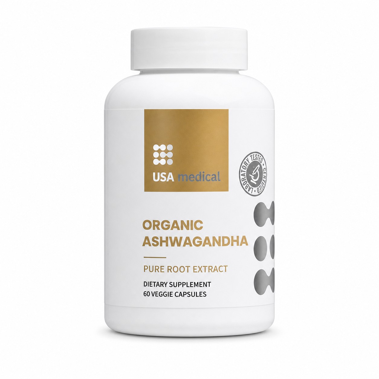 USA Medical Organic Ashwagandha with Black Pepper bottle centered on a clean white background