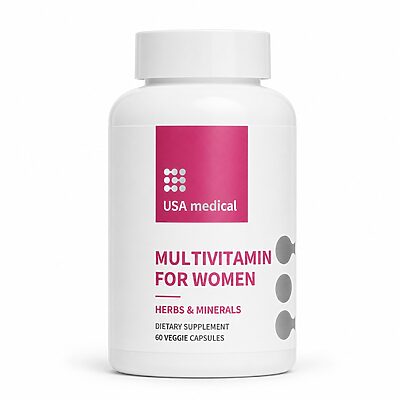 USA Medical Women's Multivitamin 60 veggie capsules bottle centered on a pure white background