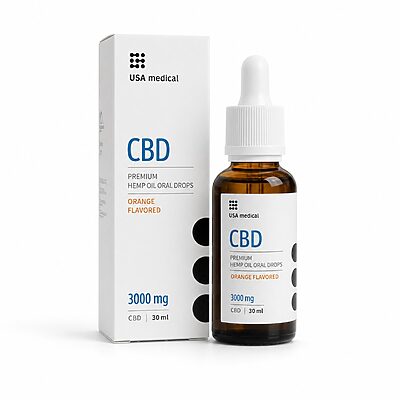 USA Medical CBD Oil 3,000 mg bottle and carton centered on a pure white background