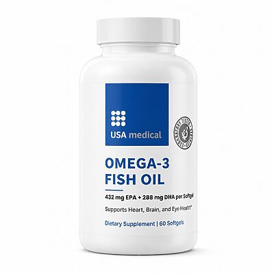 USA Medical Omega-3 Fish Oil 60 softgels on a clean white background