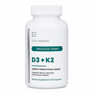 USA Medical Vitamin D3 + K2 60 capsules on a clean white background