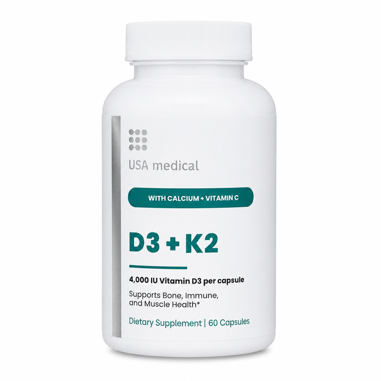 USA Medical Vitamin D3 + K2 60 capsules on a clean white background