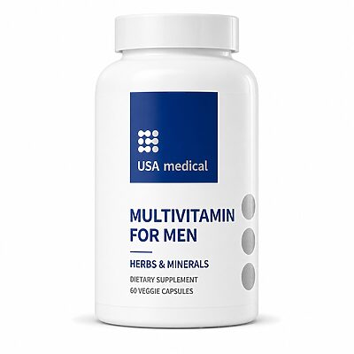 USA Medical Men's Multivitamin 60 veggie capsules bottle centered on a pure white background