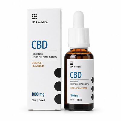 USA Medical CBD Oil 1,000 mg bottle and carton centered on a pure white background