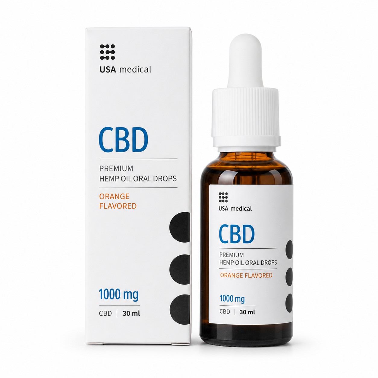 USA Medical CBD Oil 1,000 mg bottle and carton centered on a pure white background