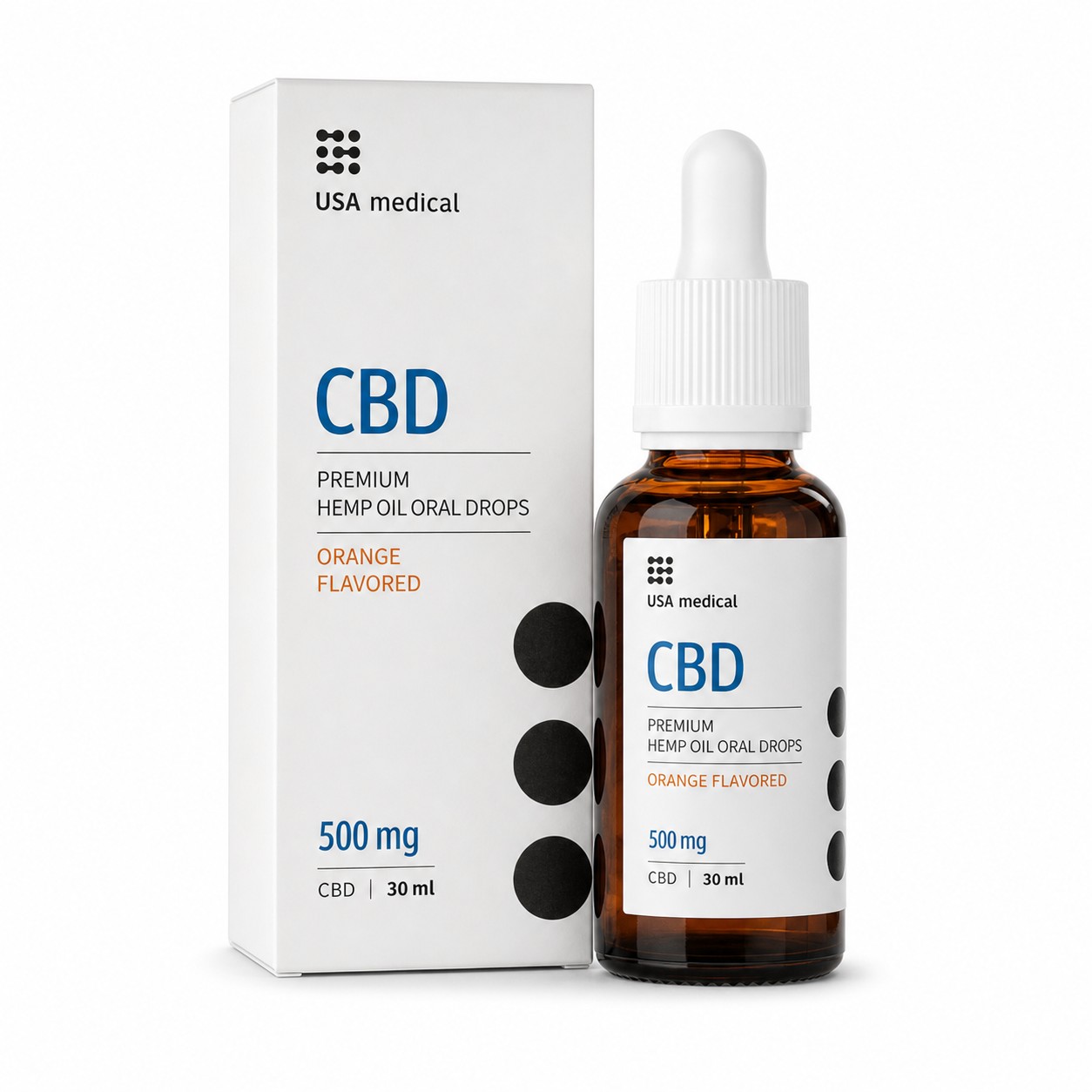 USA Medical CBD Oil 500 mg bottle and carton centered on a pure white background