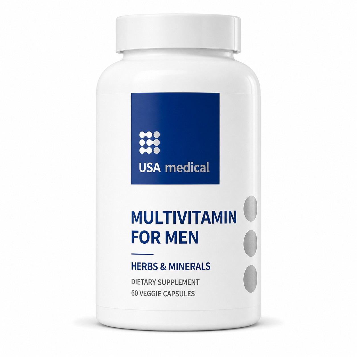 USA Medical Men's Multivitamin 60 veggie capsules bottle centered on a pure white background