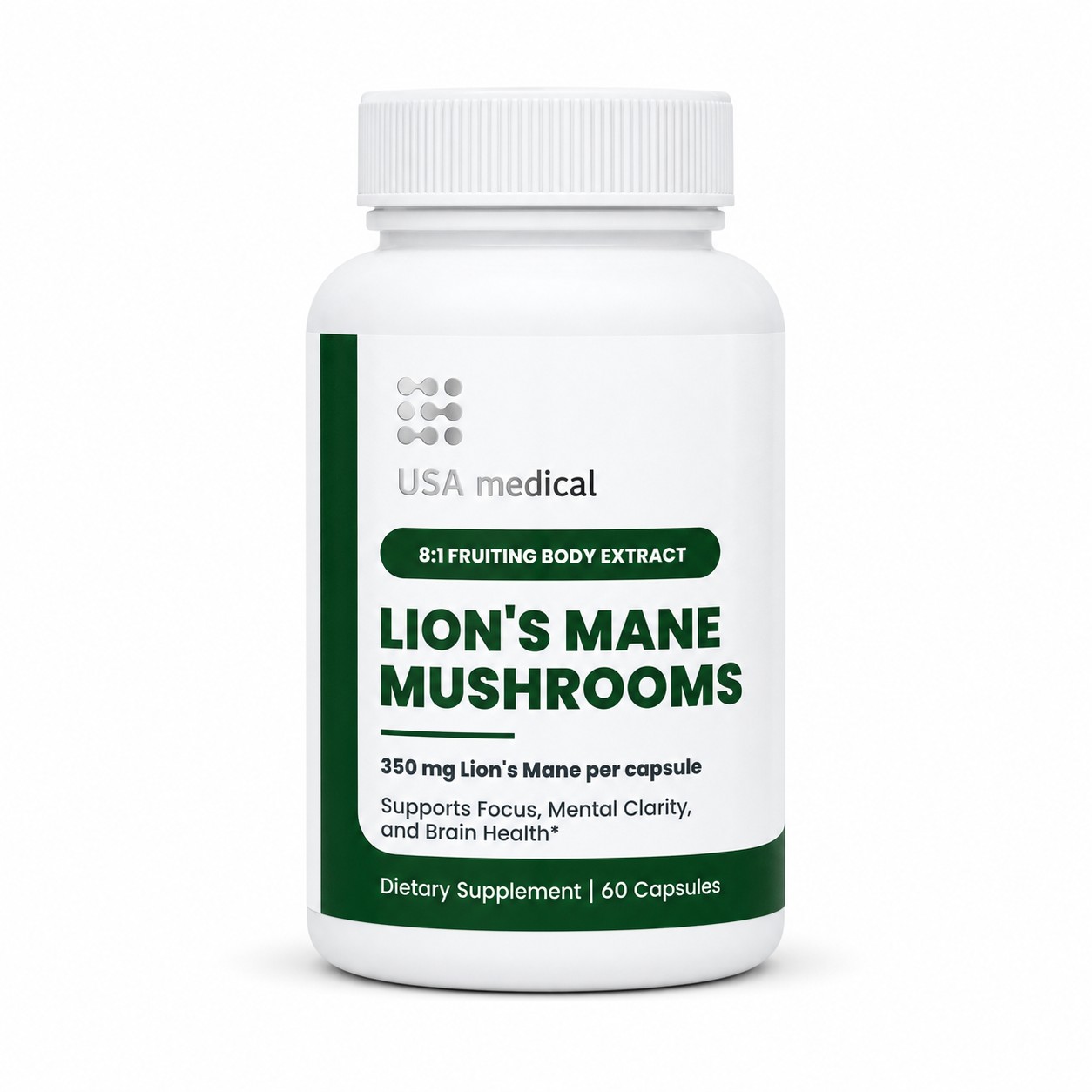 USA Medical Lion's Mane Mushrooms 350 mg 8:1 extract bottle centered on a pure white background