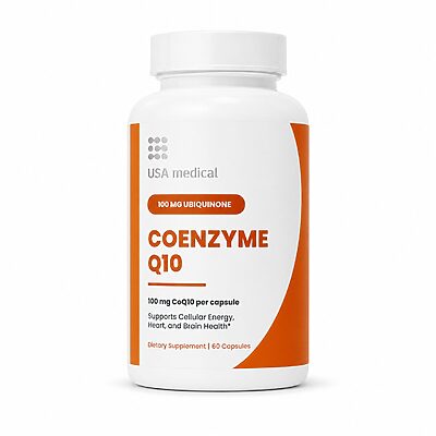 USA Medical Coenzyme Q10 100 mg ubiquinone bottle centered on a pure white background