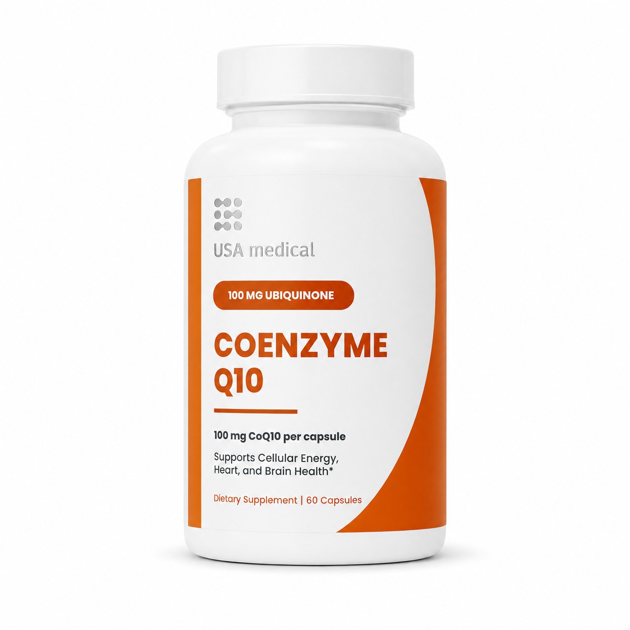 USA Medical Coenzyme Q10 100 mg ubiquinone bottle centered on a pure white background