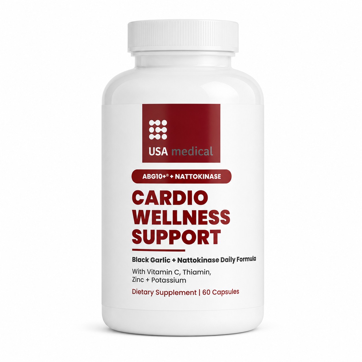 USA Medical Cardio Wellness Support bottle centered on a pure white background