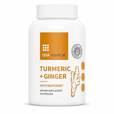 USA Medical Turmeric + Ginger with BioPerine bottle centered on a pure white background