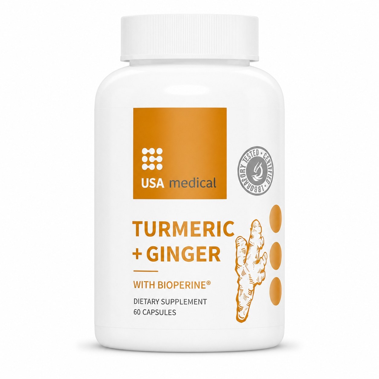 USA Medical Turmeric + Ginger with BioPerine bottle centered on a pure white background