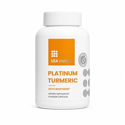 USA Medical Platinum Turmeric with BioPerine bottle centered on a pure white background