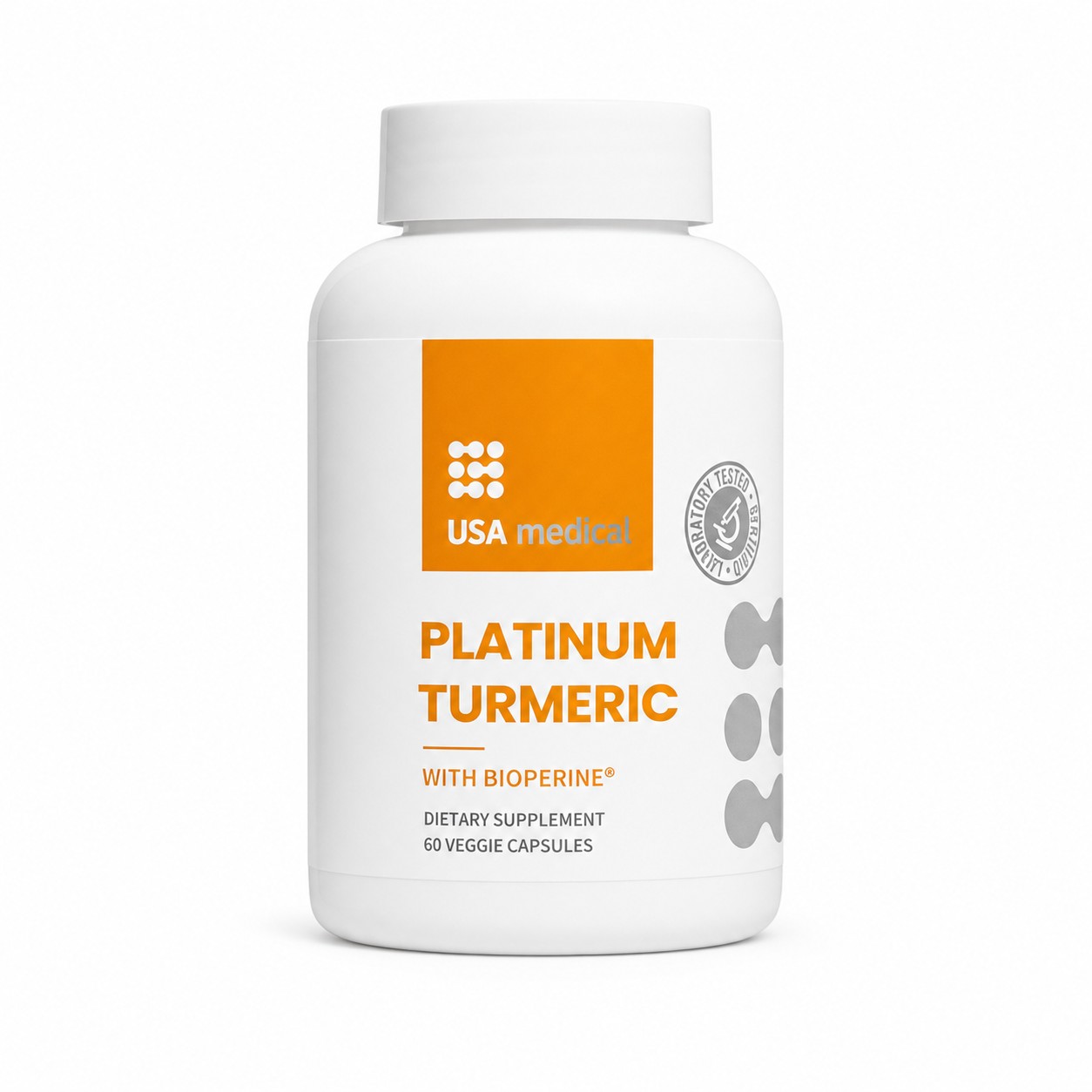 USA Medical Platinum Turmeric with BioPerine bottle centered on a pure white background