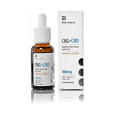 USA Medical CBG plus CBD Oil 1,000 mg bottle and carton centered on a pure white background