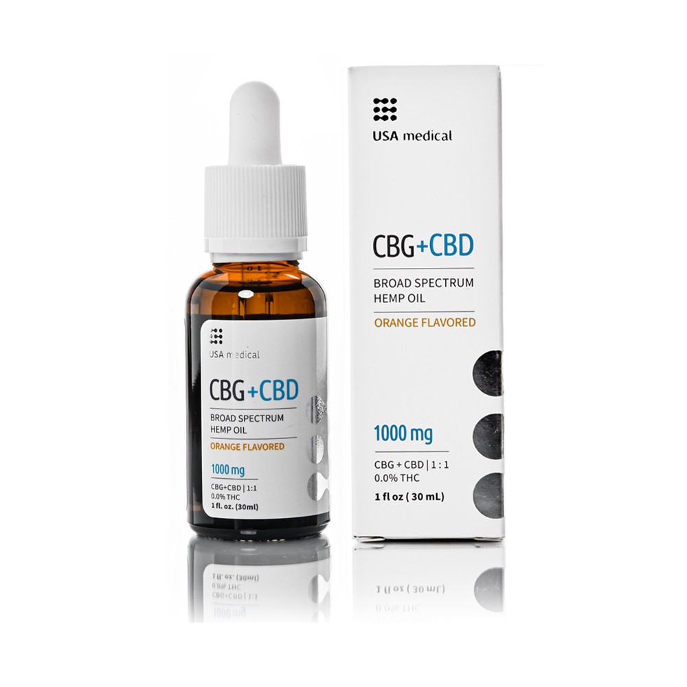USA Medical CBG plus CBD Oil 1,000 mg bottle and carton centered on a pure white background