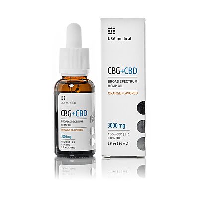 USA Medical CBG plus CBD Oil 3,000 mg bottle and carton centered on a pure white background