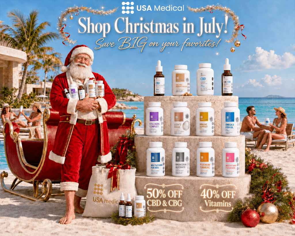 Christmas in July sale featuring USA Medical CBD, CBG, and vitamin products