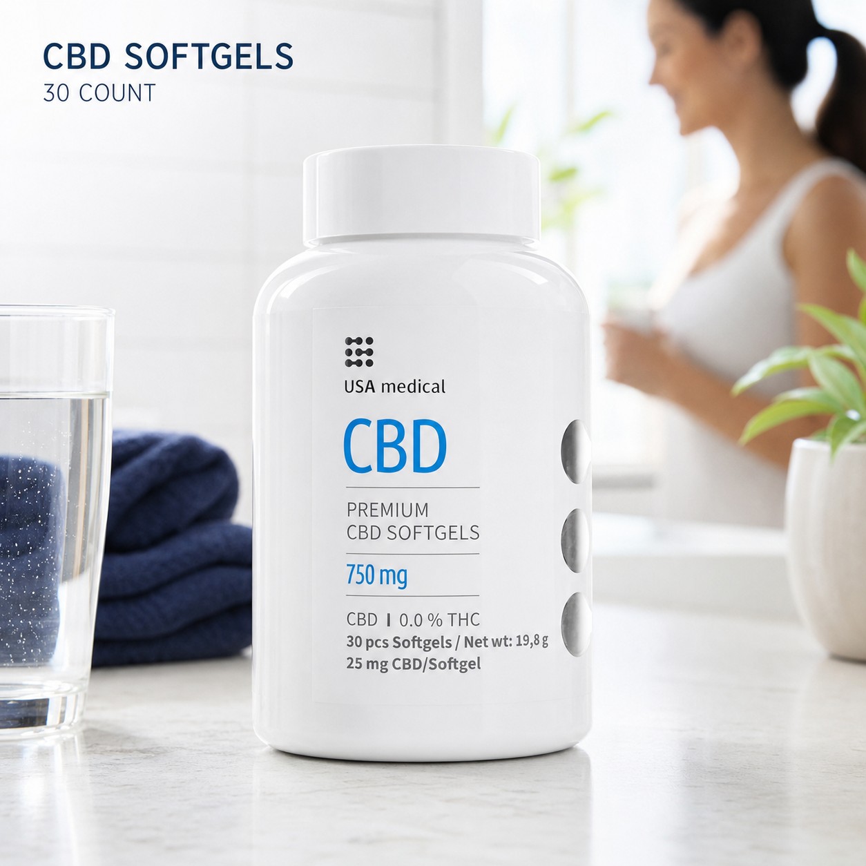 USA Medical CBD Softgels 25 mg, 30 Count bright vanity