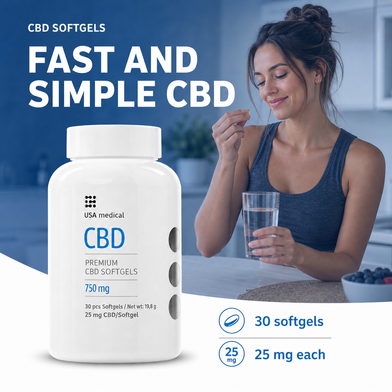 USA Medical CBD Softgels 25 mg, 30 Count