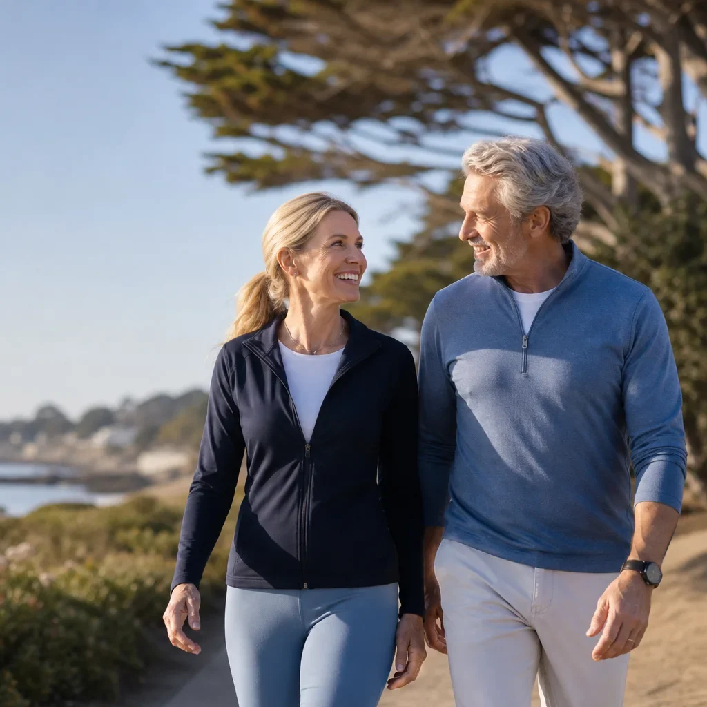 Smiling couple enjoying a morning walk by the coast