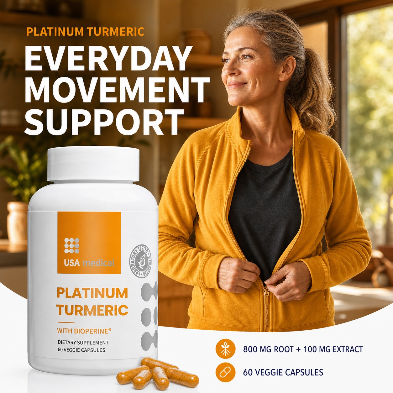 USA Medical Platinum Turmeric with BioPerine 60 Capsules