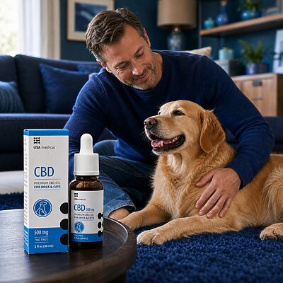 Man relaxing at home with his dog and USA Medical Pet CBD Oil 500 mg