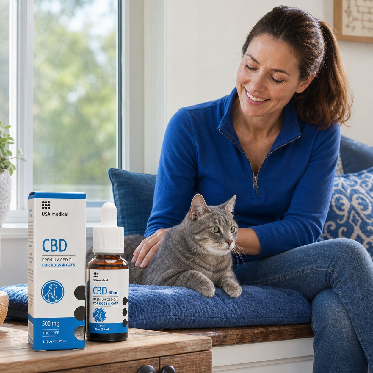 Woman relaxing at home with her cat and USA Medical Pet CBD Oil 500 mg