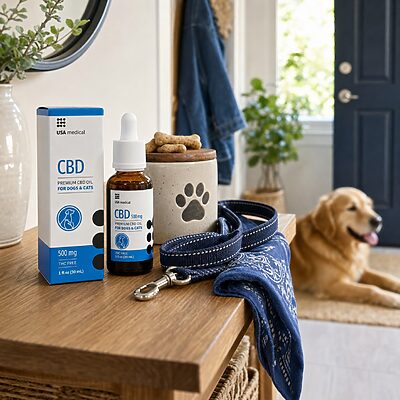 USA Medical Pet CBD Oil 500 mg beside a leash and pet-care essentials