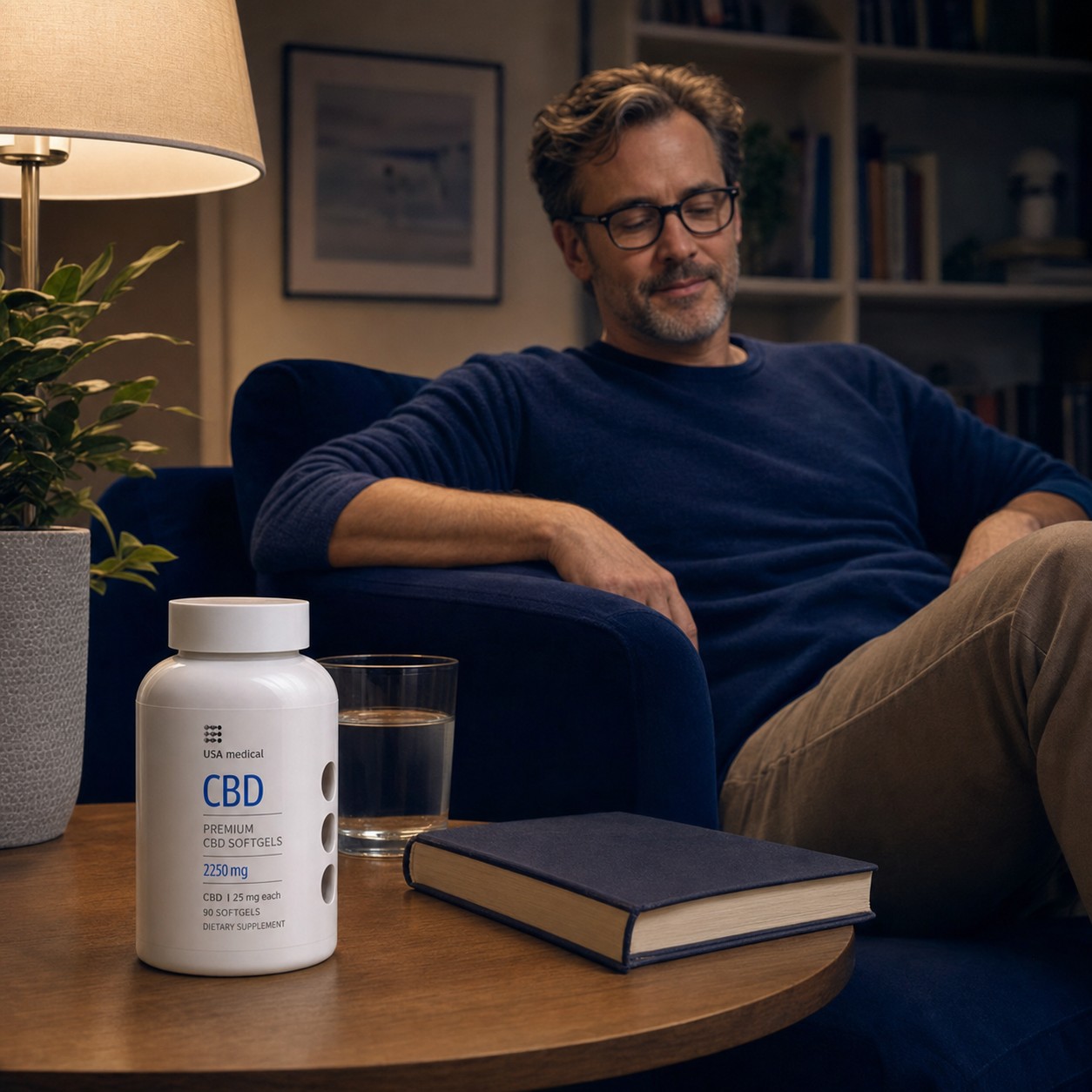 Man relaxing with water and USA Medical CBD Softgels 25 mg 90 Count