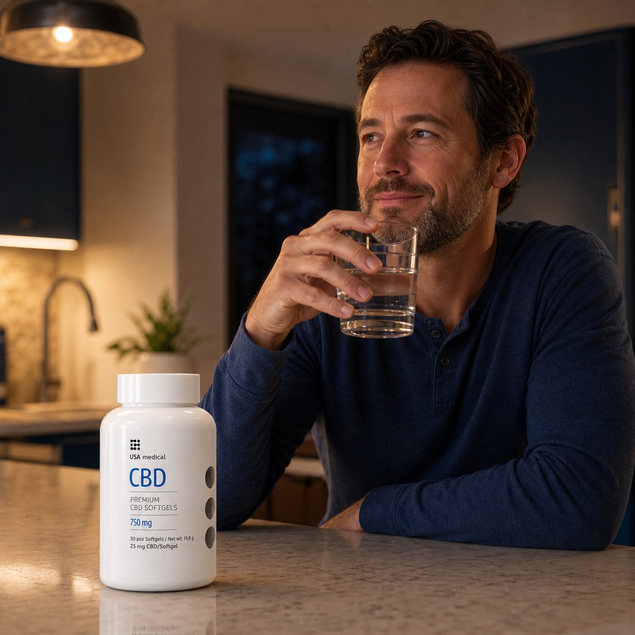Man winding down with water and USA Medical CBD Softgels 25 mg 30 Count