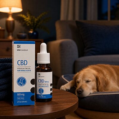 USA Medical Pet CBD Oil 500 mg in a calm evening home with a resting dog