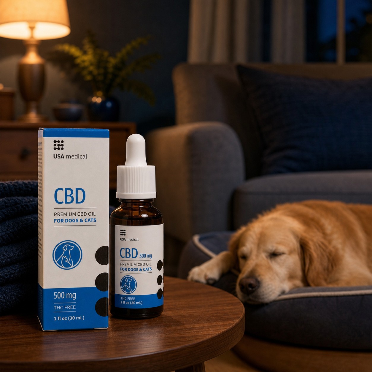 USA Medical Pet CBD Oil 500 mg in a calm evening home with a resting dog