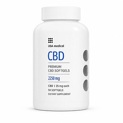 USA Medical CBD Softgels 25 mg 90 Count bottle on a white background