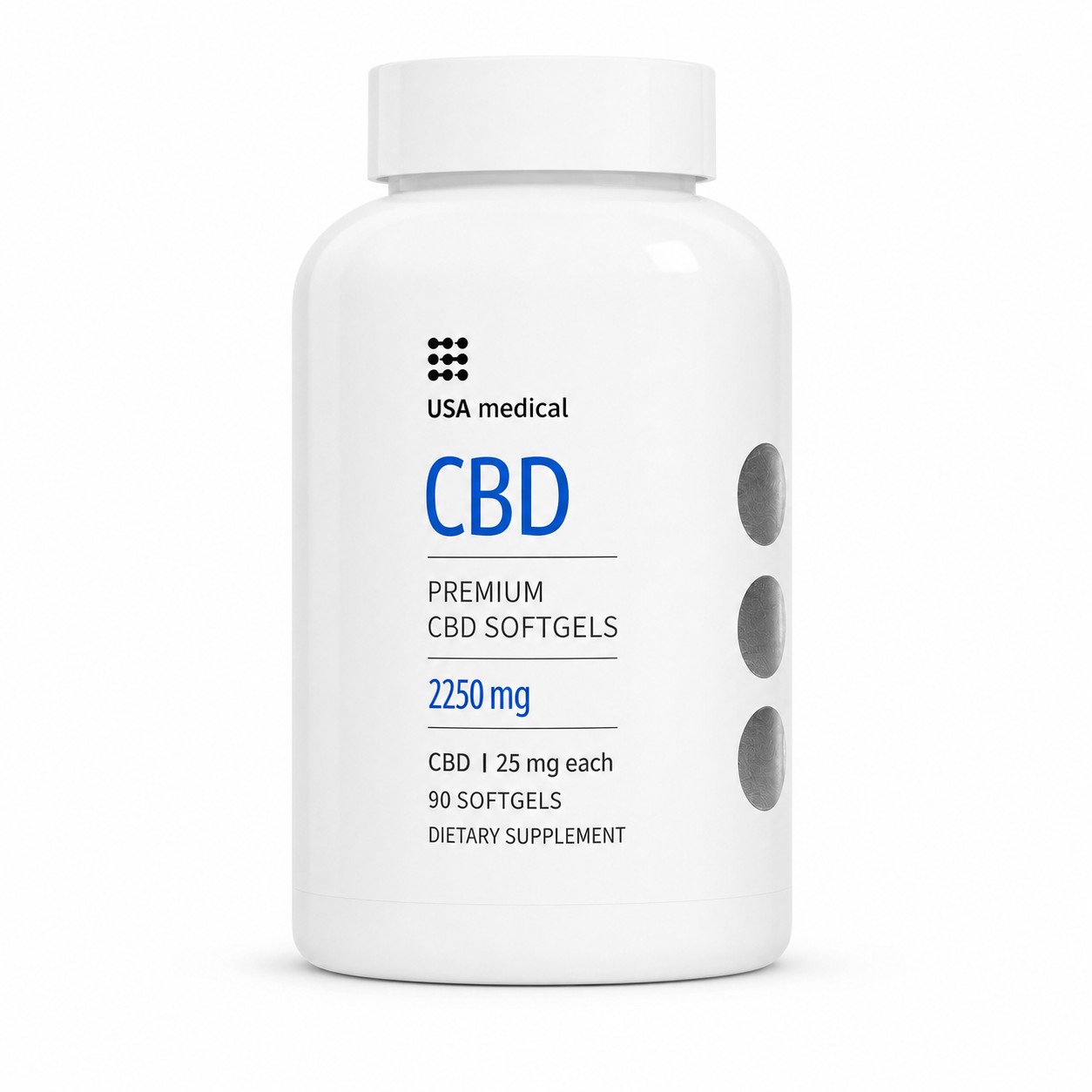 USA Medical CBD Softgels 25 mg 90 Count bottle on a white background