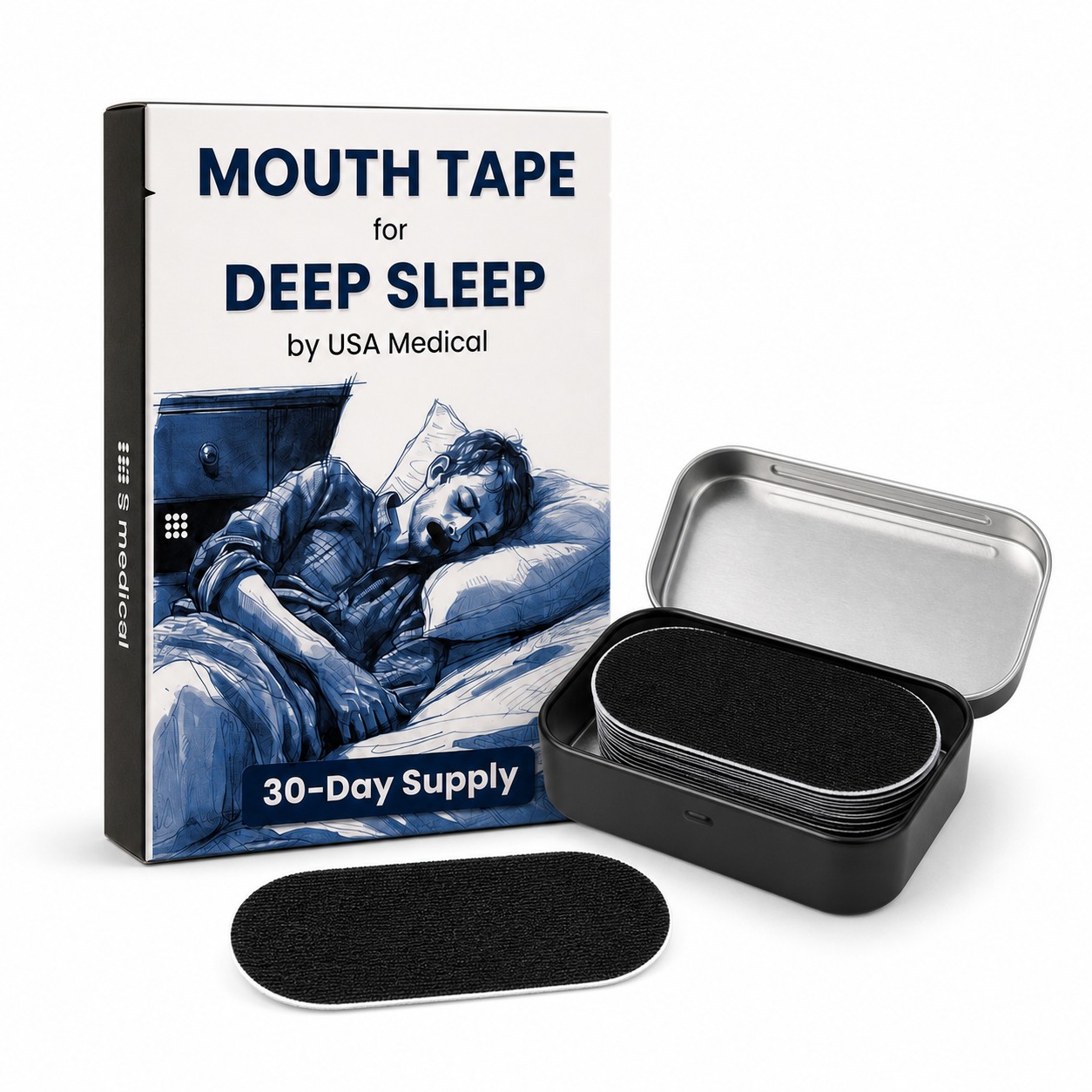 USA Medical Mouth Tape package tin and black tape strip on a white background
