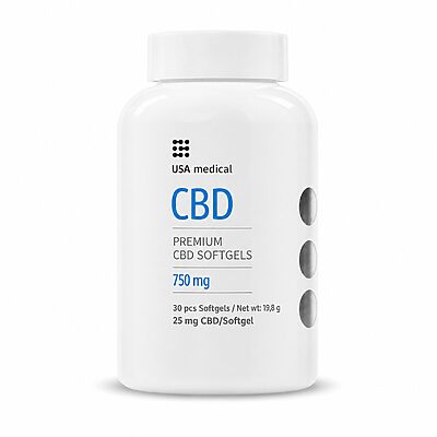 USA Medical CBD Softgels 25 mg 30 Count bottle on a white background