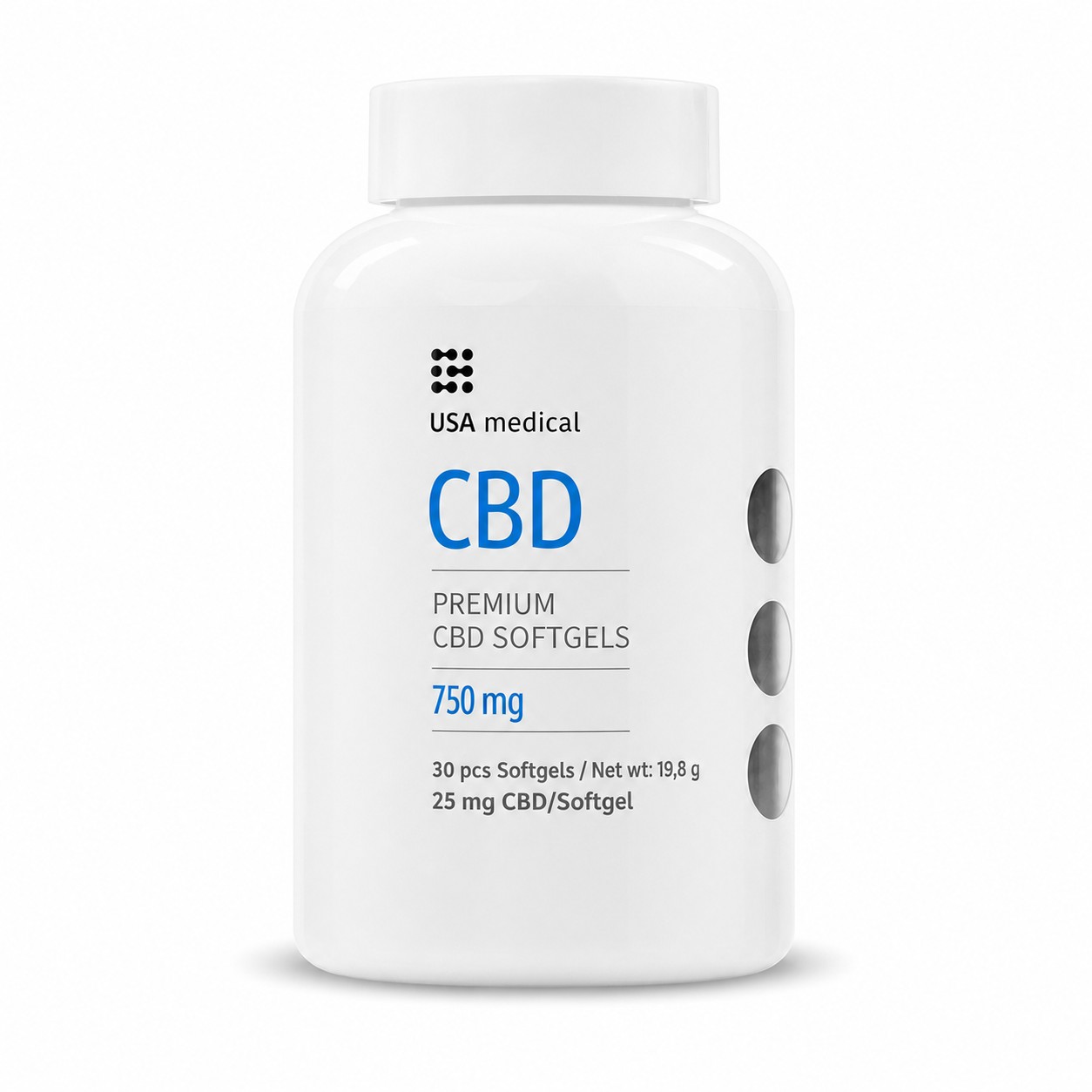 USA Medical CBD Softgels 25 mg 30 Count bottle on a white background
