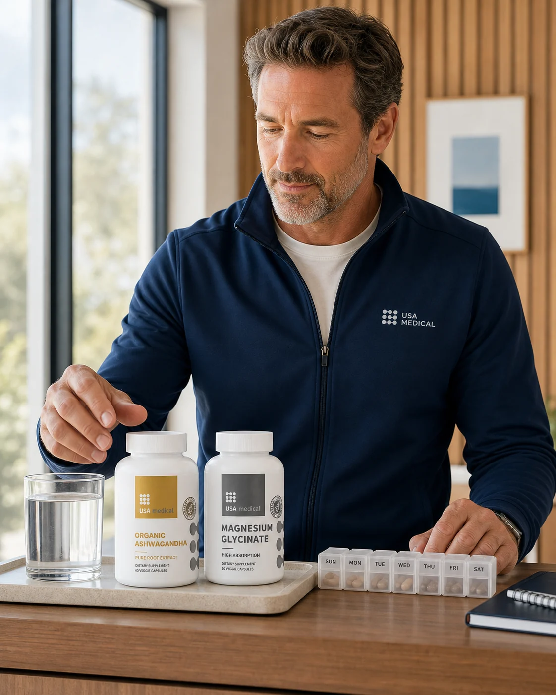 Man in a USA Medical jacket planning a supplement routine at a desk