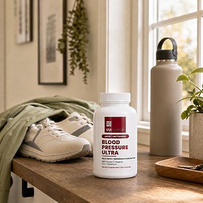 USA Medical Blood Pressure Ultra bottle in a bright home entryway with walking shoes and water